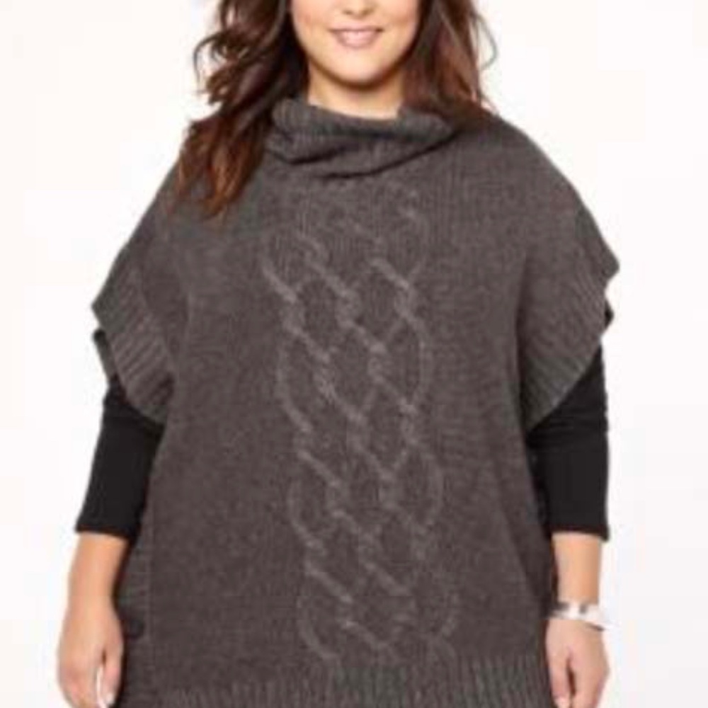 PONCHO CABLEKNIT TURTLENECK, CHARCOAL, SIZE 4X, THREE WORKING SIDE BUTTONS, TWO